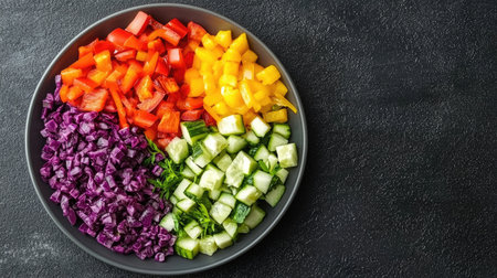 A colorful platter of fresh, chopped vegetables including red, yellow, purple peppers, cucumbers, and greens arranged in sections on a dark background.の素材