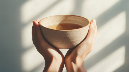 A person holds a simple bowl of tea, highlighting warmth and tranquility against a backdrop of soft light and shadows.の素材