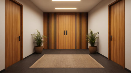 A modern hallway featuring wooden doors, a textured rug, and potted plants, creating a warm and inviting atmosphere.の素材