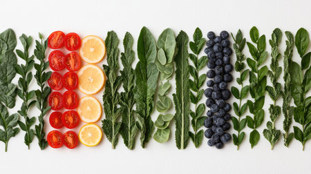 A vibrant arrangement of fresh fruits and vegetables, featuring tomatoes, lemons, leafy greens, and blueberries, meticulously lined up for a healthy display.の素材