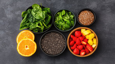 A vibrant display of fresh fruits and greens, featuring oranges, strawberries, spinach, and chia seeds, perfect for healthy meals.の素材