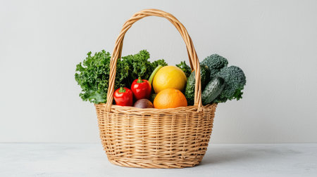 A woven basket filled with fresh vegetables and fruits, including lettuce, tomatoes, oranges, and broccoli, set against a light background.の素材