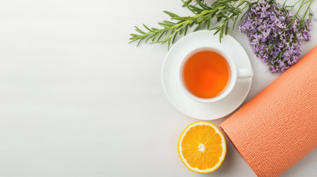 A serene arrangement featuring a cup of tea, fresh orange, herbs, and lavender, evoking relaxation and natural wellness.の素材