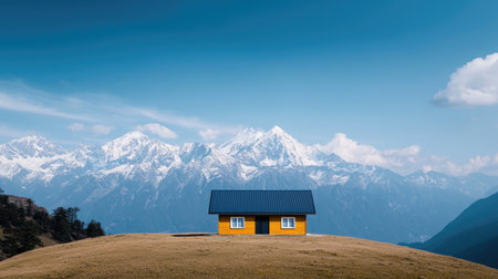 A vibrant yellow house sits on a hill, surrounded by majestic snow-capped mountains under a clear blue sky.の素材