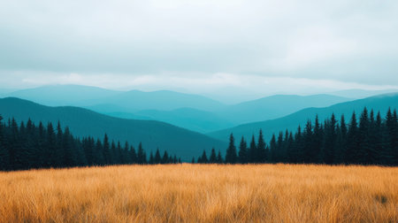 A tranquil landscape featuring rolling hills and a field of golden grass under a cloudy sky, surrounded by dark green forests in the background.の素材