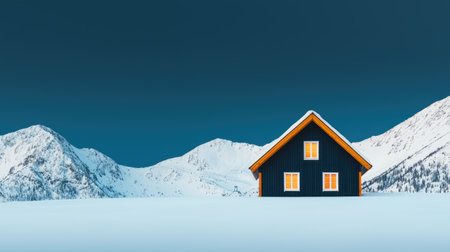 A serene winter scene featuring a blue cabin surrounded by snowy mountains under a clear blue sky.の素材
