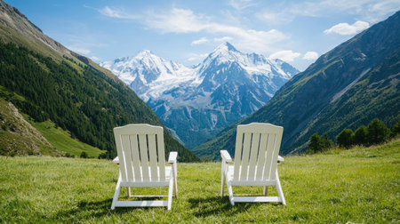 Two white chairs overlook a breathtaking mountain landscape, surrounded by lush greenery under a clear blue sky.の素材