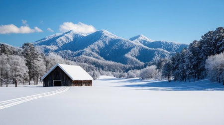A serene winter landscape featuring a snow-covered barn, surrounded by majestic mountains and frosted trees under a clear blue sky.の素材