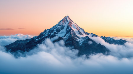 A majestic snow-capped mountain rises above a sea of clouds, bathed in the warm glow of sunrise, creating a breathtaking natural scene.の素材