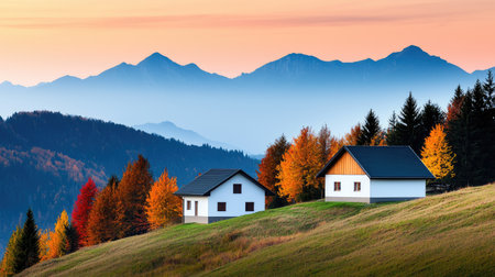 A serene landscape featuring two houses nestled among vibrant autumn trees with mountains in the background during a colorful sunset.の素材