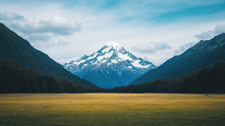 A stunning mountain landscape featuring snow-capped peaks, lush valleys, and a serene meadow under a blue sky with scattered clouds.の素材