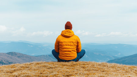 A person in a yellow jacket sits peacefully on a hilltop, gazing at expansive mountains under a clear blue sky.の素材