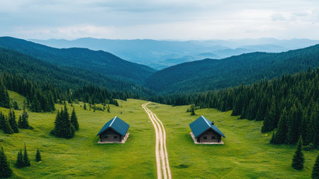 A serene landscape featuring two cabins along a winding dirt road, surrounded by lush green forests and rolling hills under a cloudy sky.の素材