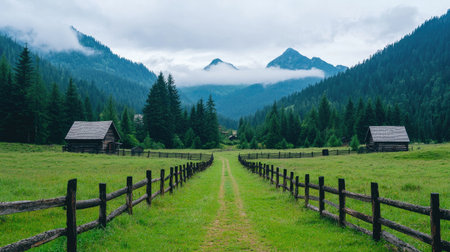 A serene landscape featuring a grassy path leading through trees, flanked by wooden fences and rustic cabins, with mountains shrouded in mist in the background.の素材