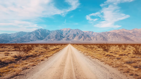 A clear dirt road stretches through a vast desert landscape, flanked by mountains under a bright blue sky with scattered clouds.の素材