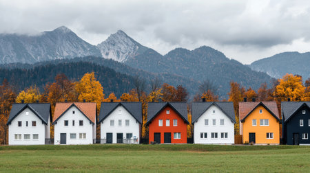 A scenic view of colorful houses lined up against a backdrop of mountains and autumn foliage, creating a picturesque landscape.の素材