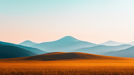A serene landscape featuring soft rolling hills and distant mountains under a tranquil sky at sunrise or sunset, creating a peaceful atmosphere.の素材