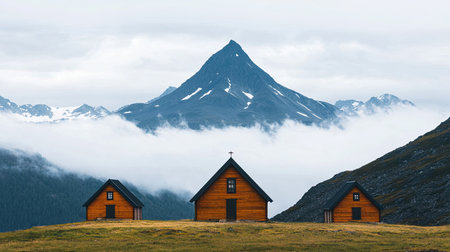 Scenic mountain landscape featuring three wooden cabins surrounded by mist and snow-capped peaks, evoking tranquility and natural beauty.の素材