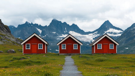 Three charming red houses stand amidst lush greenery and majestic mountains under a cloudy sky, creating a picturesque rural scene.の素材