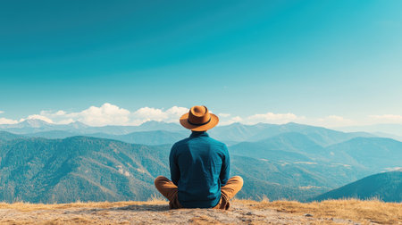 A person sits peacefully on a mountain edge, gazing at the vast landscape, with a blue sky and clouds in the distance.の素材