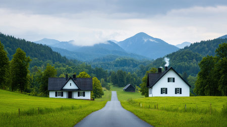A serene landscape featuring two houses flanking a winding road, surrounded by lush greenery and distant mountains under a cloudy sky.の素材