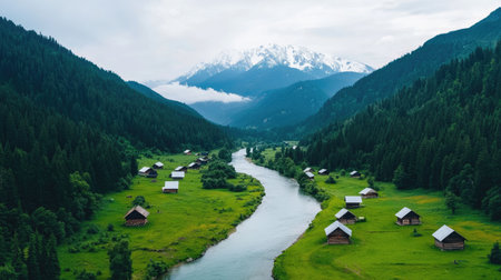 A serene landscape featuring a winding river surrounded by lush green valleys, quaint cabins, and majestic mountains under a cloudy sky.の素材