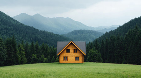 A charming yellow house nestled in lush green fields, surrounded by towering mountains and dense forests under a cloudy sky.の素材