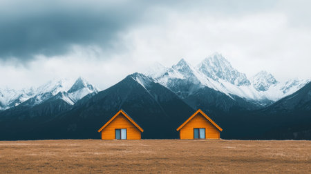 Two vibrant yellow cabins sit beneath dramatic gray clouds and snow-capped mountains, offering a serene, picturesque landscape.の素材