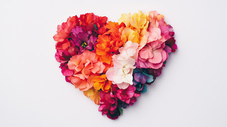 A vibrant heart shape made of colorful flowers showcases beauty and love, perfect for celebrations or romantic occasions.の素材
