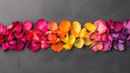 A vibrant arrangement of rose petals in a gradient of colors on a dark background, showcasing natural beauty and elegance.の素材