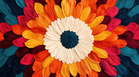 A vibrant, floral design featuring multicolored petals radiating from a central circle, showcasing intricate textile artistry.の素材