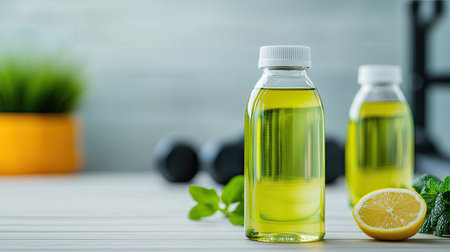 Two transparent bottles of yellow oil are placed on a table, accompanied by a lemon and fresh green herbs, with a soft-focus background.の素材