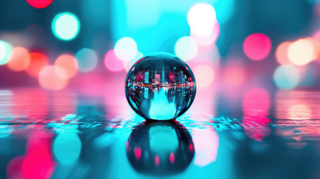 A crystal ball reflects colorful city lights, creating a mesmerizing bokeh effect against a blurred urban backdrop.の素材