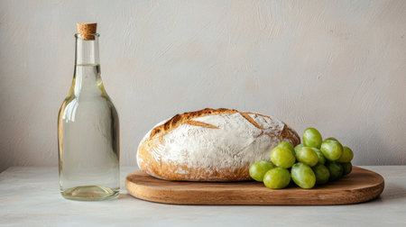 A rustic scene featuring a loaf of bread, green grapes, and a bottle of white wine on a wooden board, set against a neutral background.の素材