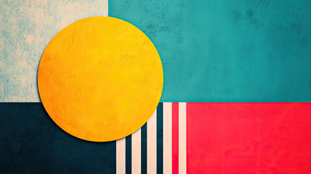 A vibrant abstract design featuring a large yellow circle against a backdrop of teal, red, and textured patterns.の素材