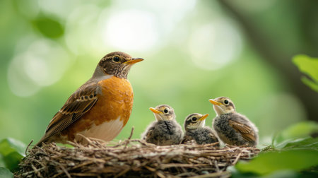 A mother bird sits in a nest with her three chicks, surrounded by lush greenery, symbolizing care and nurturing in nature.の素材