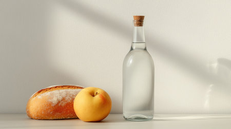 A minimalist composition featuring a loaf of bread, a yellow apple, and a glass bottle on a light surface, with soft shadows enhancing the serene atmosphere.の素材
