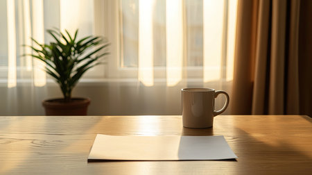 A serene workspace featuring a coffee mug, blank paper, and a potted plant, illuminated by soft sunlight streaming through sheer curtains.の素材