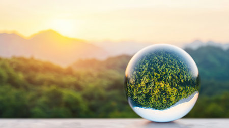 A crystal ball reflects a lush forest at sunset, symbolizing harmony between nature and perspective.の素材
