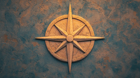 A decorative compass rose design set against a textured blue background, symbolizing navigation and direction.の素材