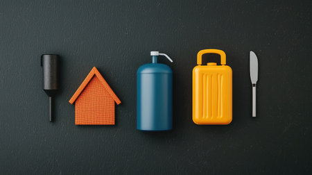 A collection of colorful tools and accessories, including a house model, spray can, container, and knife, arranged on a dark surface.の素材