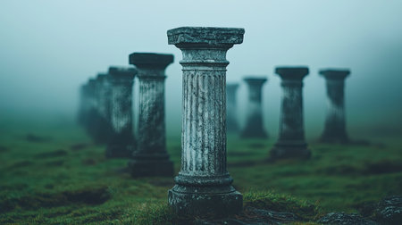 A serene, foggy landscape featuring ancient stone pillars, partially obscured by mist, creating an eerie yet tranquil atmosphere.の素材