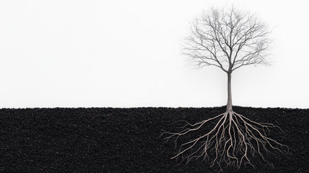 A solitary tree with bare branches stands above dark soil, showcasing its intricate root system, symbolizing resilience and connection to the earth.の素材