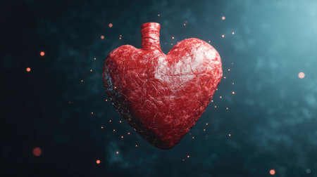 A vibrant red heart floats in a mystical blue atmosphere, surrounded by shimmering particles, symbolizing love and emotion.の素材
