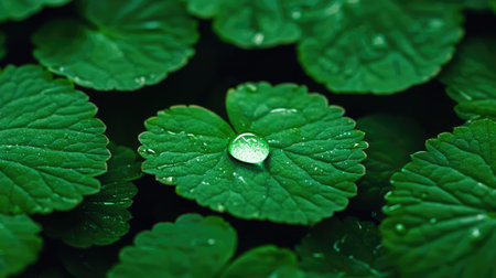 Lush green leaves with a single drop of water glistening on one, creating a serene and refreshing natural scene.の素材