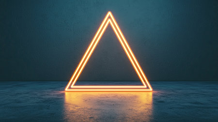 A glowing triangular neon light stands against a textured blue wall, casting reflections on a smooth surface.の素材
