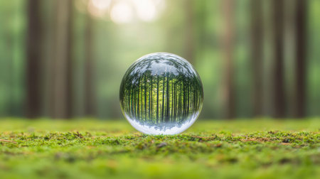 A crystal ball reflects a lush forest, capturing the serene beauty of nature amidst the greenery and soft light.の素材
