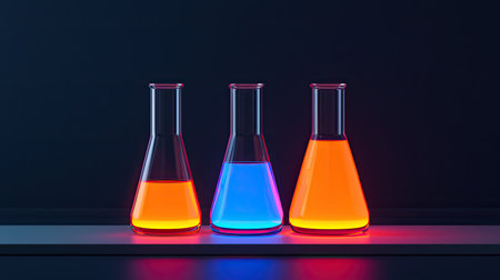 Colorful glass beakers filled with vibrant liquids, illuminated against a dark background, conveying a scientific atmosphere.の素材