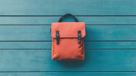 A vibrant orange backpack rests against a teal wooden backdrop, showcasing a stylish and functional design.の素材