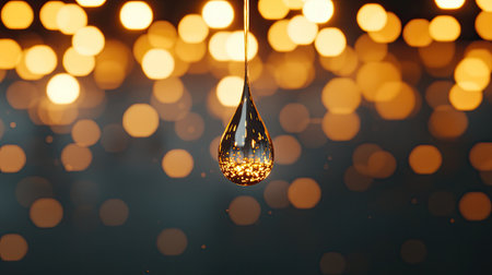 A glistening water droplet hangs against a backdrop of shimmering golden lights, creating a mesmerizing contrast of clear and luminous textures.の素材